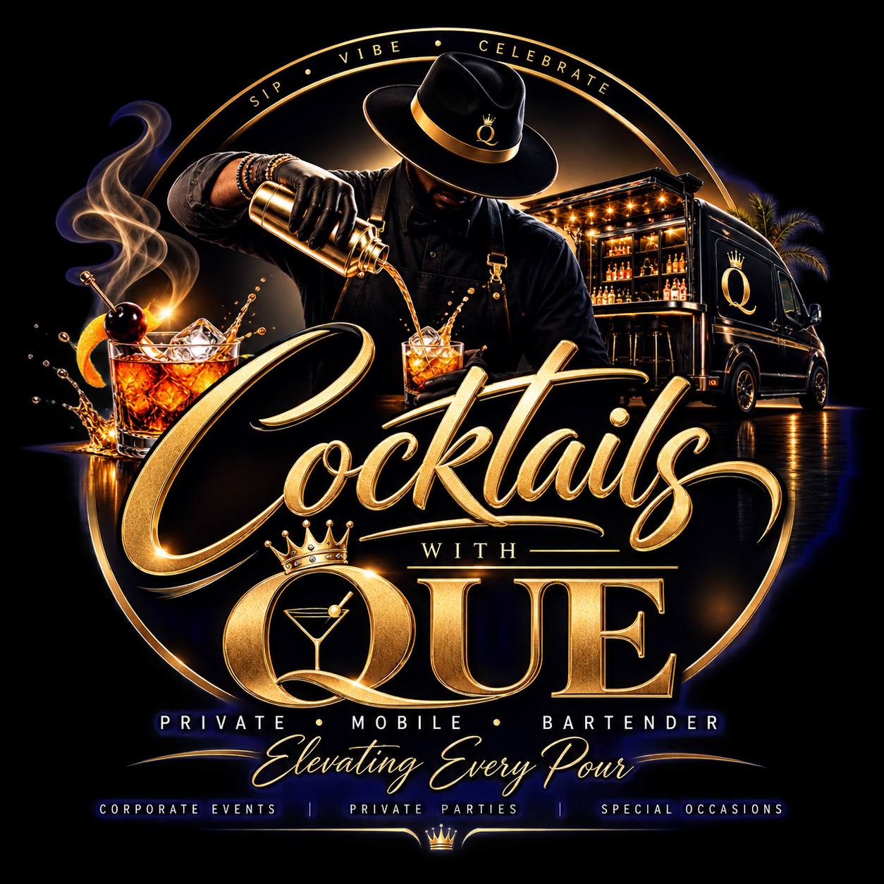 Cocktails With Que — private mobile bartender emblem